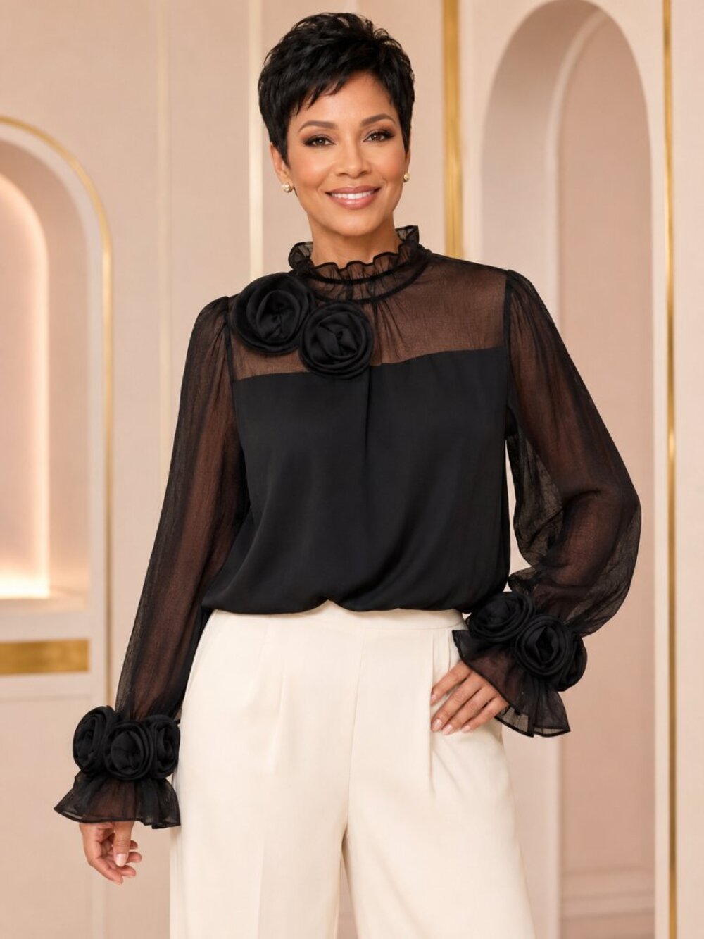 Black Sheer Rose Sleeve Blouse – XL Elegant Floral Mesh Top